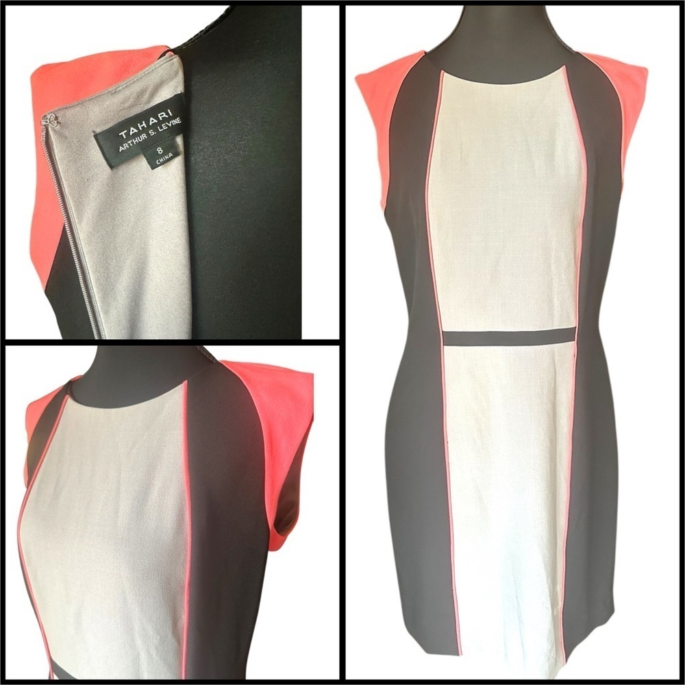 Tahari Black, White and Coral Color Block Cap Sleeve Dress Size 8